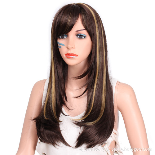 Vigorous Long Silky Straight Dark Brown Highlight Heat Resistant Smooth Synthetic Wig with Inclined Bangs for Women